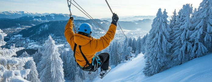 Personne de dos en tyrolienne en montagne en hiver - Hôtel*** L'Eden des cimes - La Plagne
