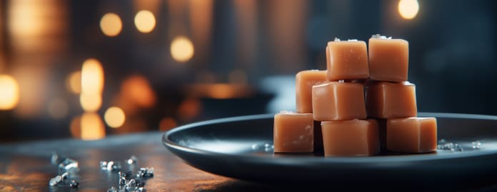 Petits caramels superposés dans une assiette noire - Club*** Keravel - Erdeven