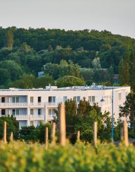 Extérieur de l'établissement avec vignes en 1er plan - Résidence 4* Les coteaux de Jonzac - Jonzac