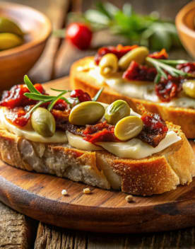 Tartine de tomme de Provence, tomates séchées & olives sur un plateau de bois