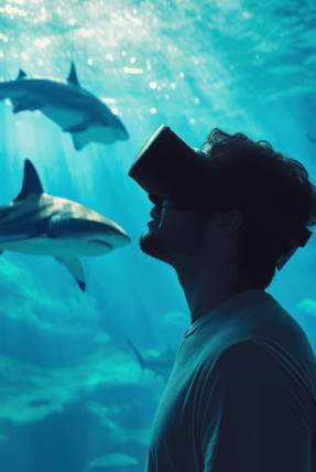 homme portant un masque de réalité virtuelle regardant des requins