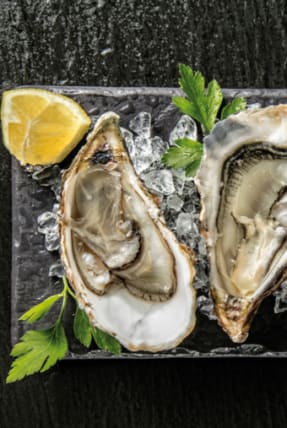 Deux huîtres ouvertes disposées sur un plateau d'ardoise avec des glaçons et un quart de citron