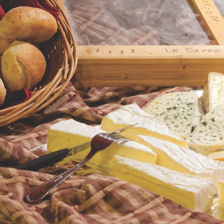 Plateau de fromages et petits pains sur un torchon à carreaux