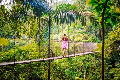 Woman ejoying garden and rainforest views from hanging bridge