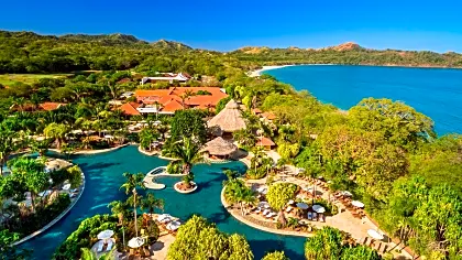 Aerial view of pool, gardens, and beach at Westin Resort in Guanacaste