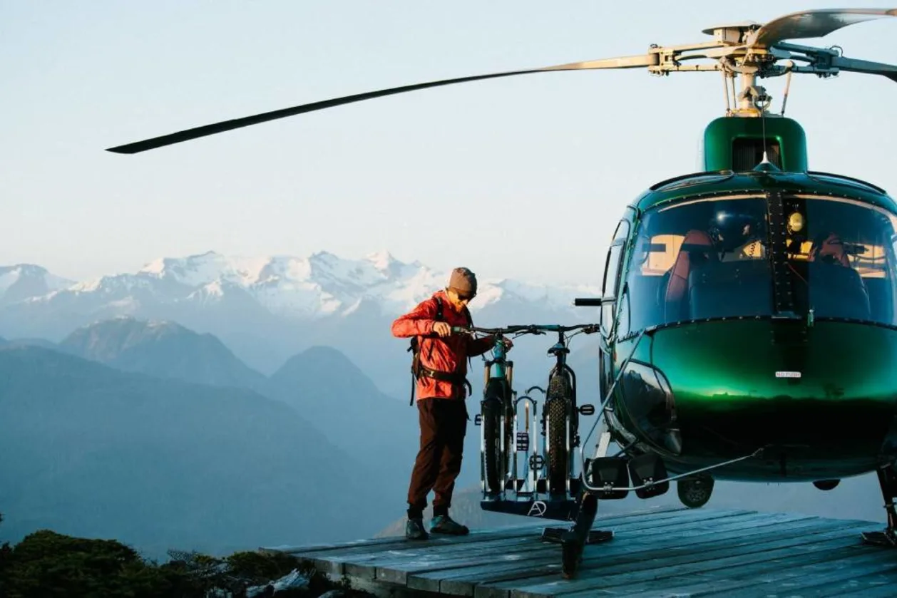 Bicycle helicopter adventure Nimmo Bay