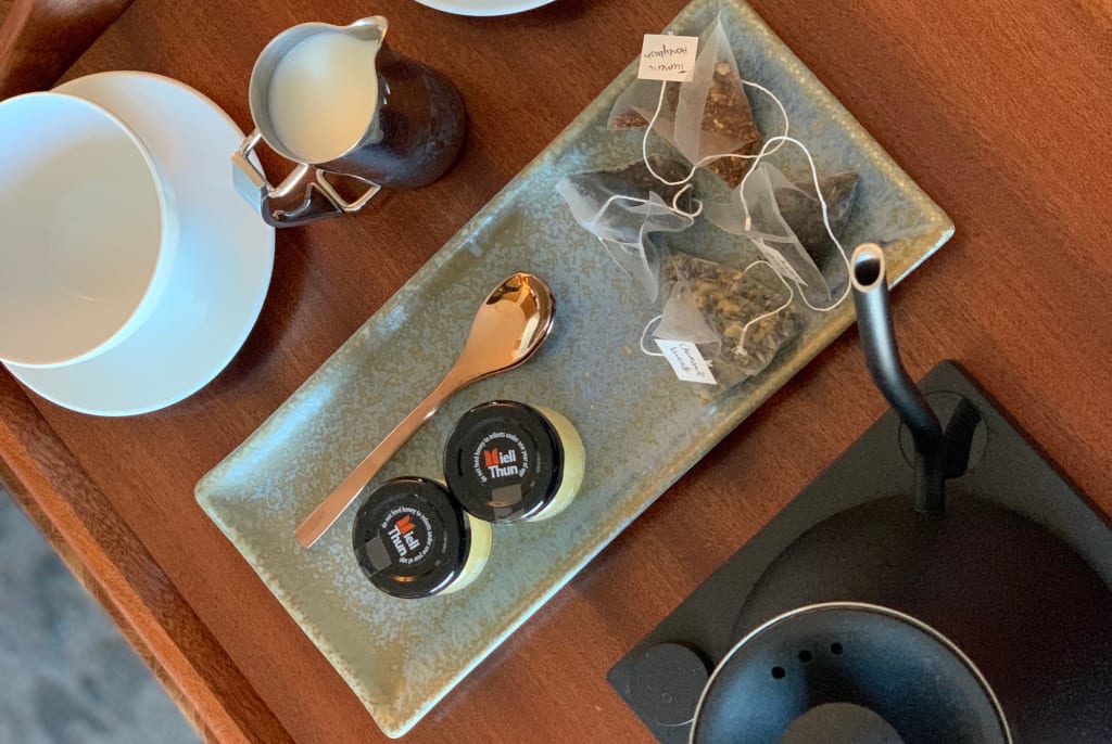 Tea kettle and tea bags at The Joseph Nashville