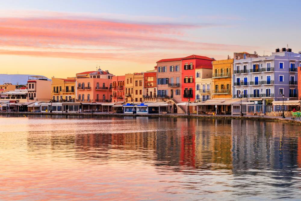 Old Venetian Port of Chania at sunrise Crete Greece