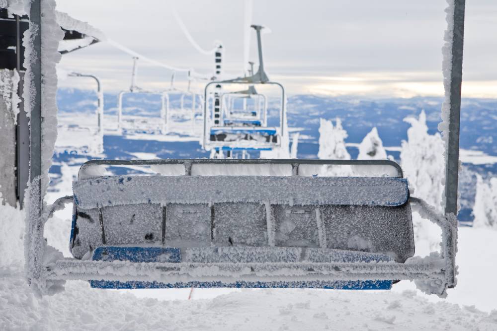 A frozen chairlift at Whitefish Mountain Resort