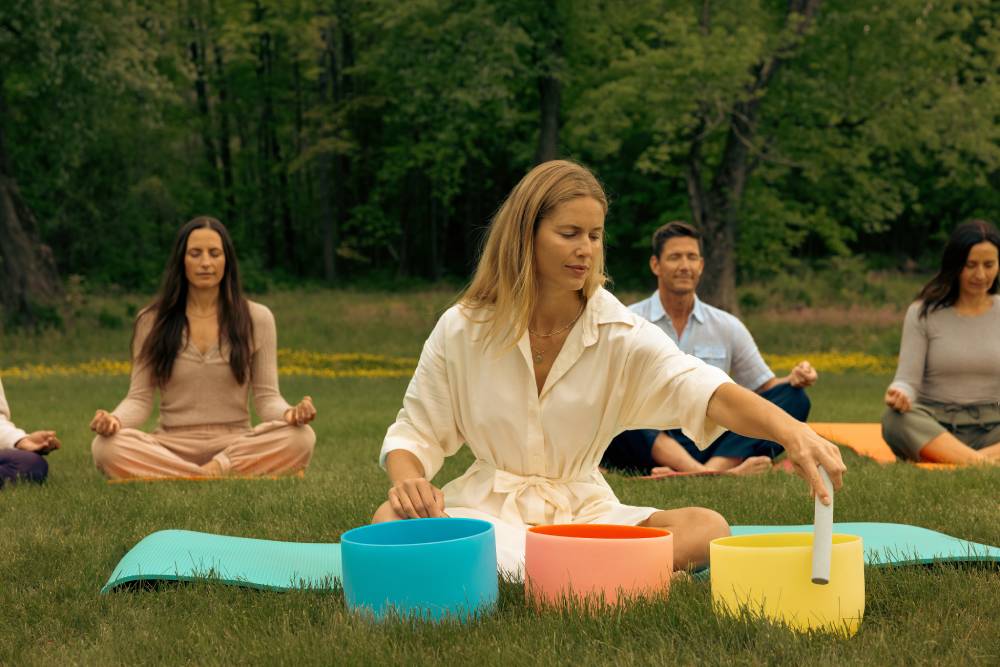 Sound healing session outside at Canyon Ranch Lenox