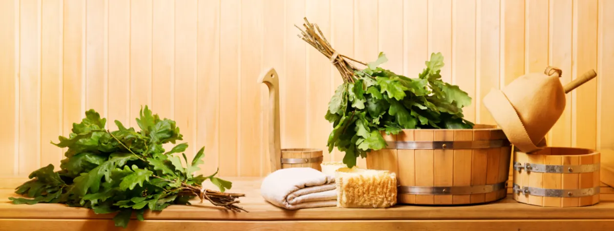 sauna accessories in a wooden sauna