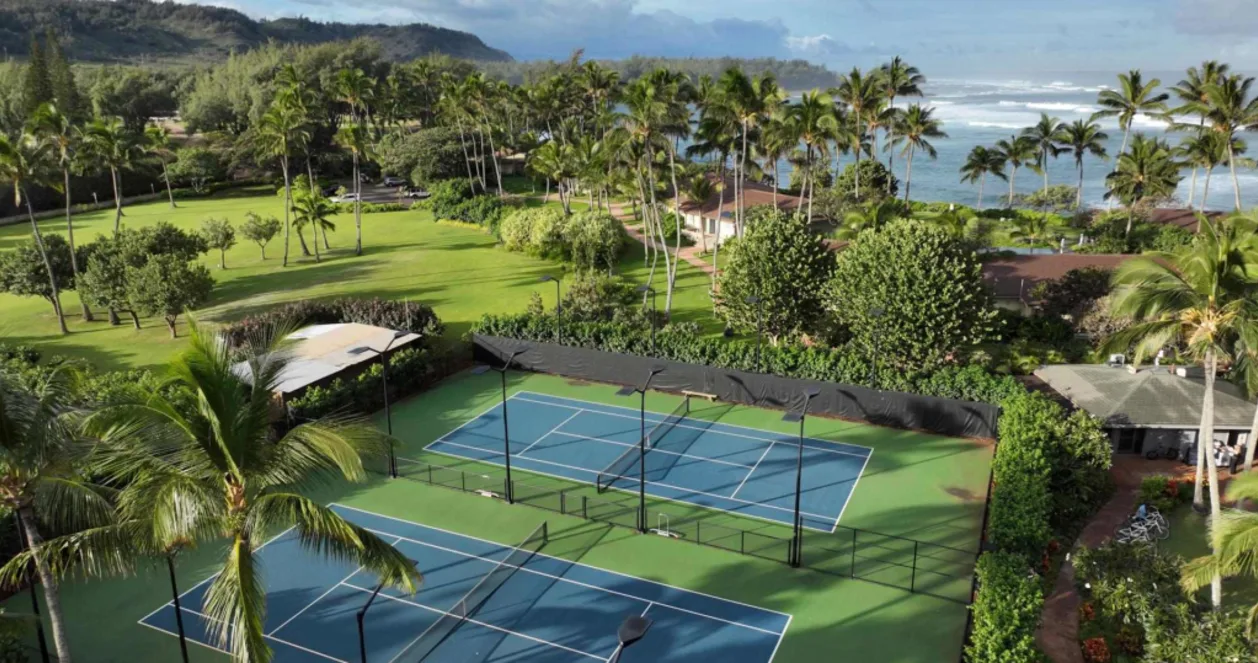 Aerial view of tennis courts at Turtle Bay Resort