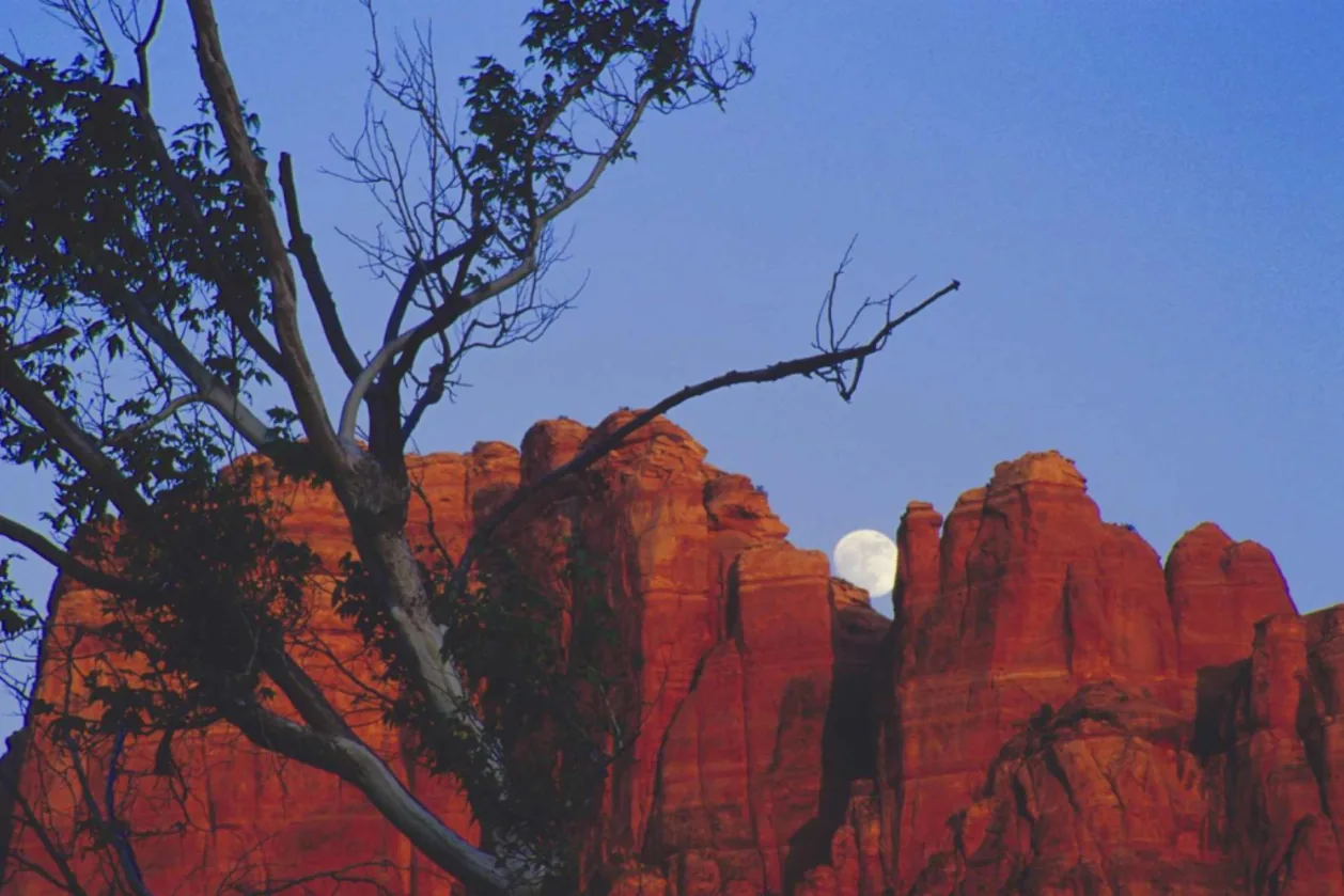 Moonrise over sun soaked red rocks after-dark wellness trend