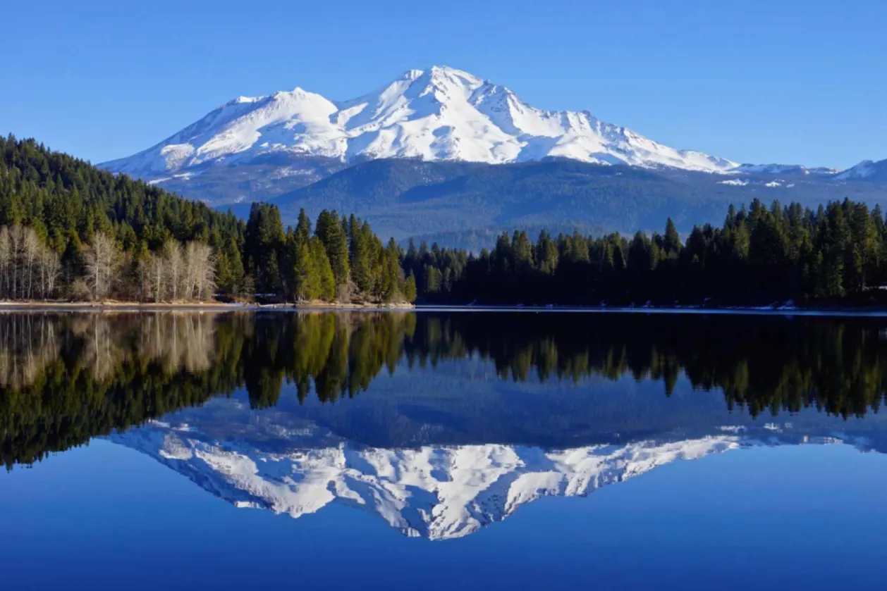 Mirror reflection of healing destination Mount Shasta California