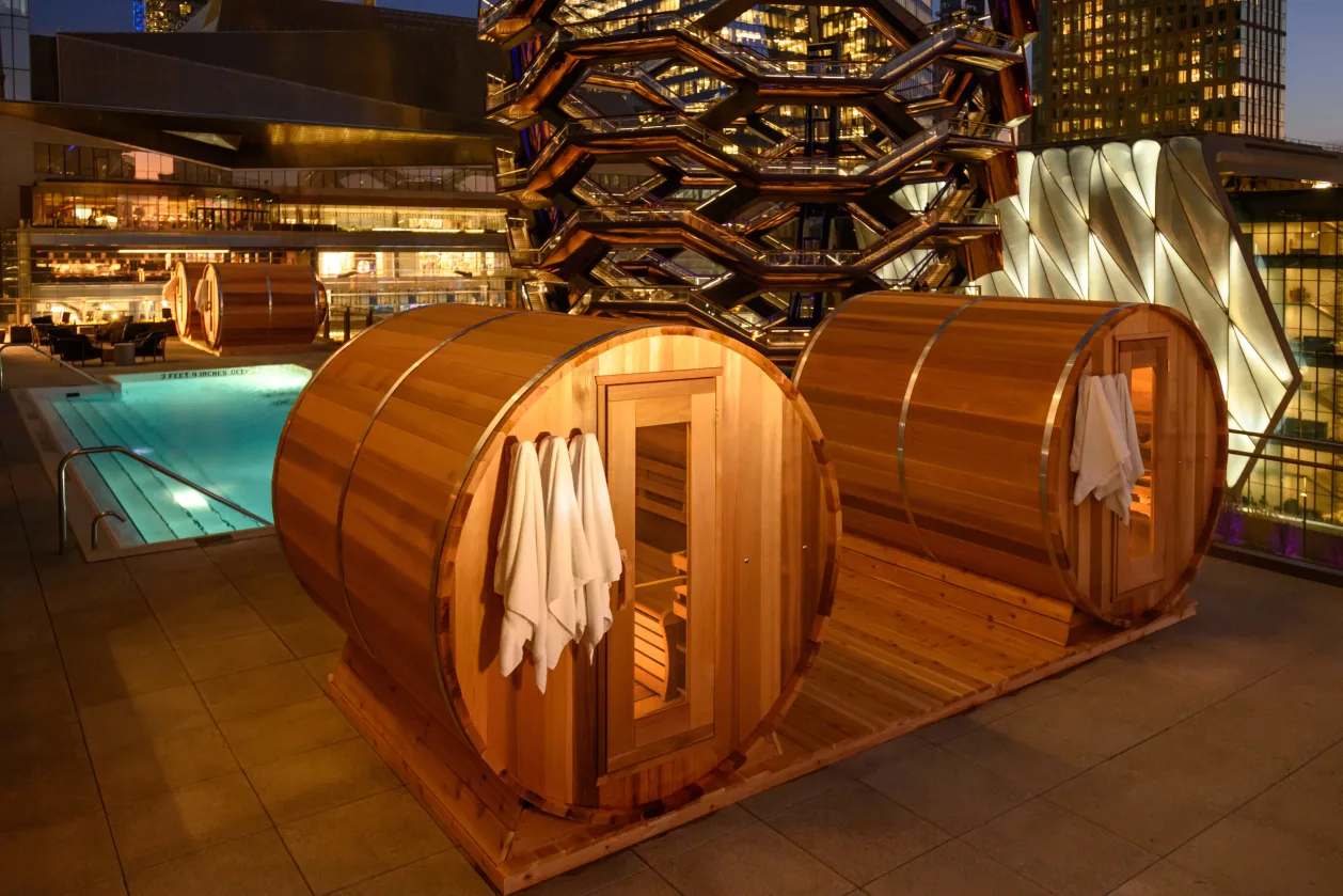 Equinox Hotel outdoor pool barrel sauna spa staycation NYC