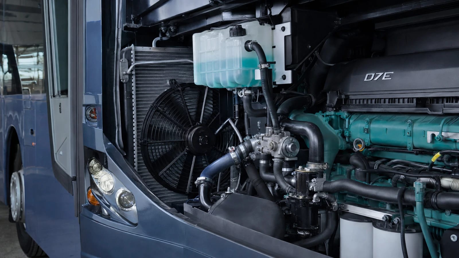 Portada: Sistema de enfriamiento del Volvo D7E: bomba, termostato, ventilador
