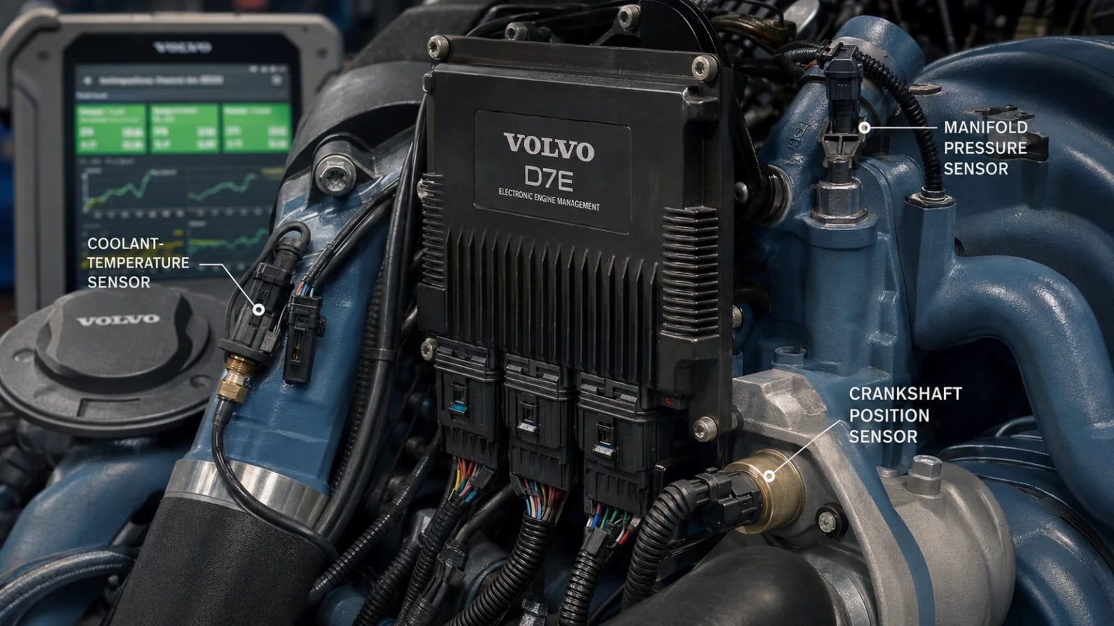 Portada: Unidad de mando (EMS) y sensores del Volvo D7E
