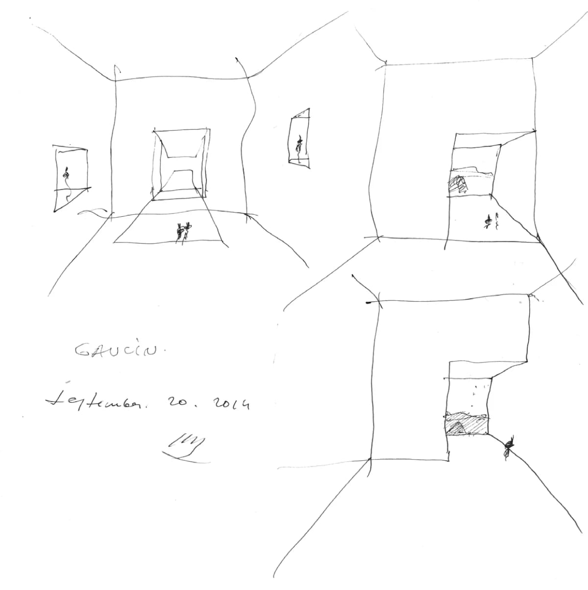 Boceto a mano alzada de Alberto Campo Baeza para la Casa Gaucín, septiembre 2014, mostrando embocaduras profundas con jambas, dintel y alféizar