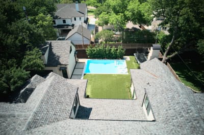 Overhead perspective showcases the refined tile finish and precision coping installation at Champion Residence. This custom design demonstrates Selah Pools' attention to material selection and craftsmanship details.