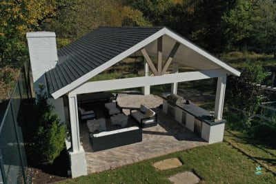 Aerial view of a custom pool and patio area integrated into a family outdoor living space in Fort Worth, Tarrant County, TX.