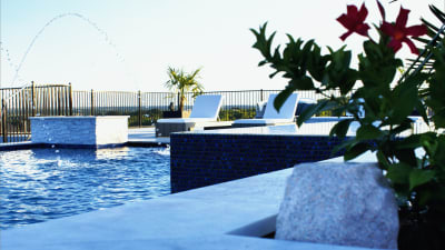 Pool-level daytime view framed by tropical landscaping with a laminar jet arcing over the water toward the raised beam wall