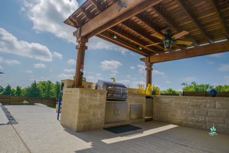 Establishing overview of the Arreola family's custom outdoor living space in Springtown, Parker County, TX, designed for multi-generational gatherings through Selah's collaborative design-build process.