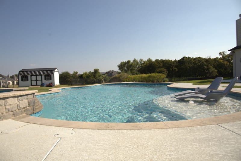 Freeform pool curves following natural terrain with tanning ledge and integrated benches — SEE2301