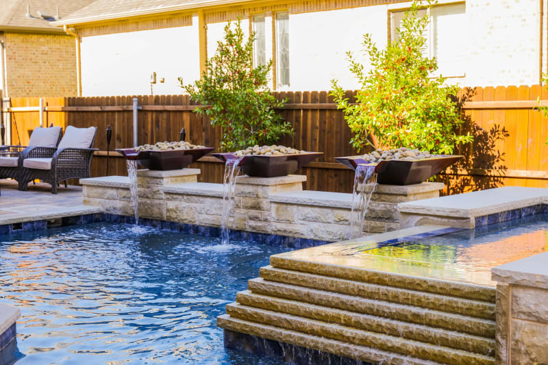 Custom residential pool and outdoor living space at the Diers residence in Keller, Tarrant County, TX, designed and built by Selah Pools.