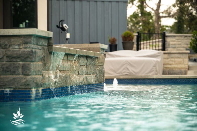 Custom residential pool with contemporary design at the Juhan residence in Flower Mound, Denton County, TX, built by Selah Pools.