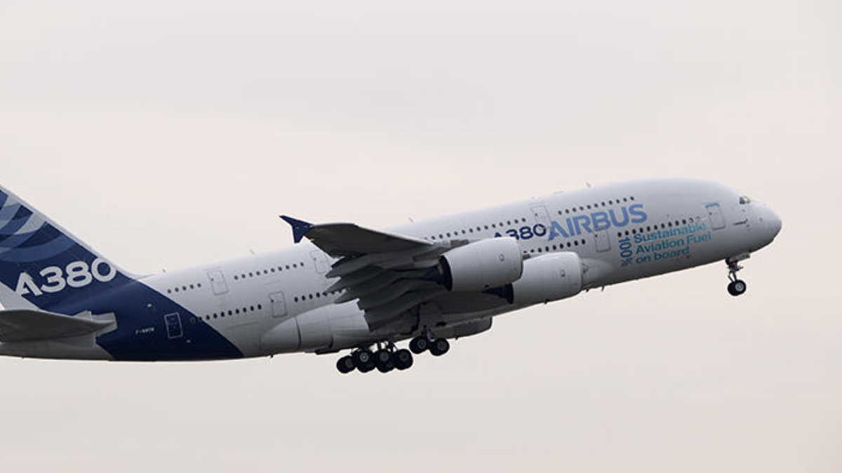 First Airbus A380 powered by 100 sustainable aviation fuel takes to