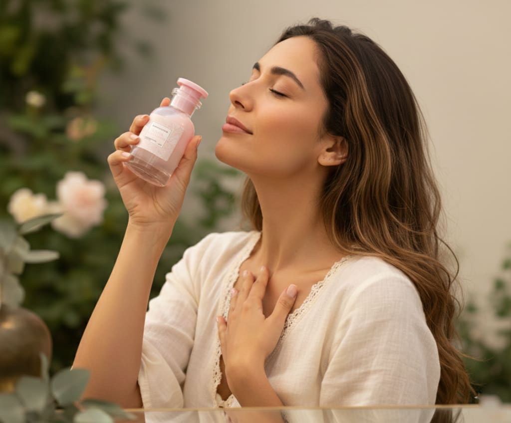 Applying a PRANACOLORE energy spray as part of a daily aura ritual