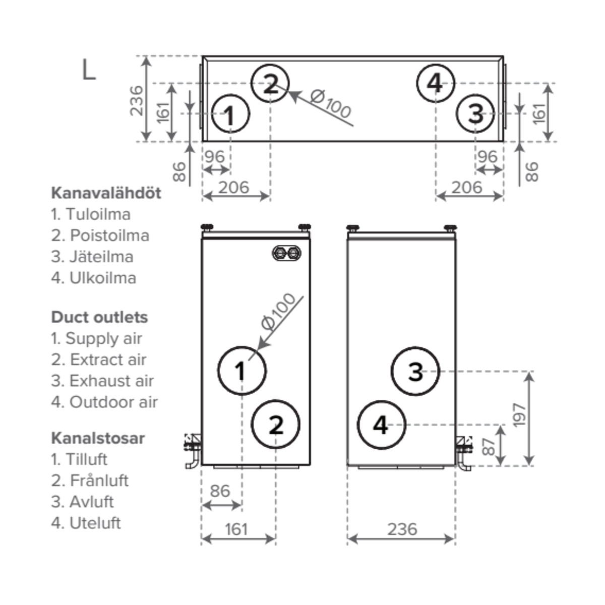 Vallox TSK Multi 50 MV LE01 kairinė aštuonių Ø100 mm ortakių schema