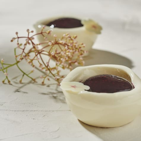 Valrhona White Chocolate Muchi Dessert Cups filled with Black Current Confit