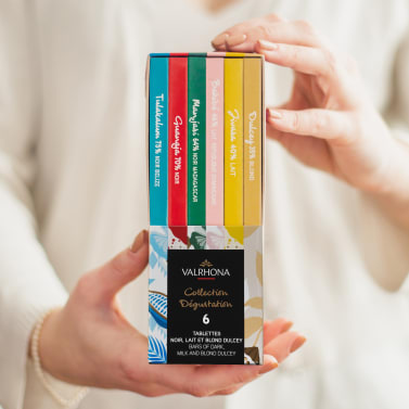 Valrhona Chocolate Gift Box of 6 tasting bars in dark chocolate, milk chocolate, and blond Dulcey 35% chocolate.