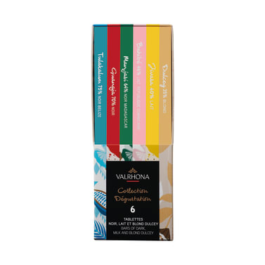 Gift Box of 6 chocolate bars in dark, milk, and blond Dulcey 35% chocolate.