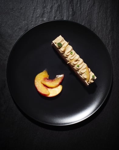 VALRHONA PEACH, DULCE DE LECHE & BUCKWHEAT HONEY ENTREMETS RECIPE BY CHEF CATHERINE MERA