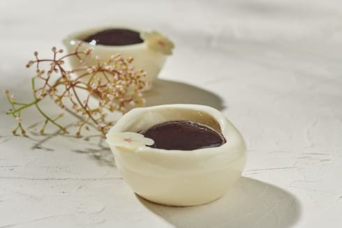 Valrhona White Chocolate Muchi Dessert Cups filled with Black Current Confit