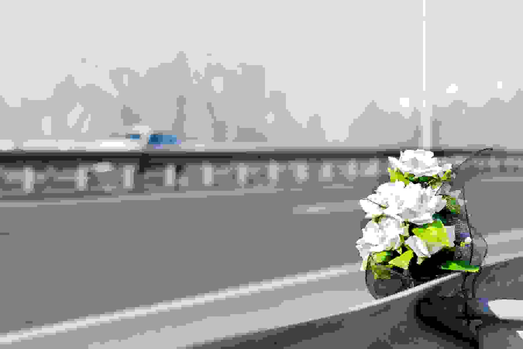 White roses at the site of a fatal car crash.