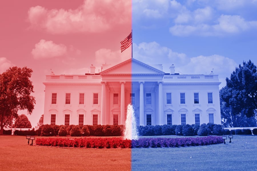 The White House half in red and half in blue