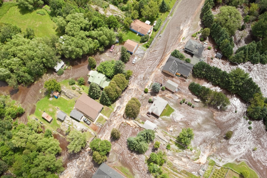 Aerial view of flood damage.