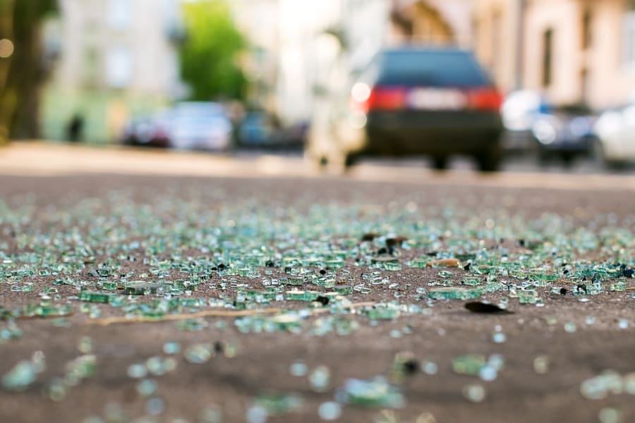 Shards of car glass on the street