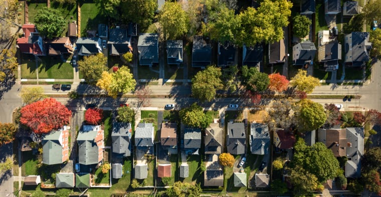 Aerial still of residential neighborhood