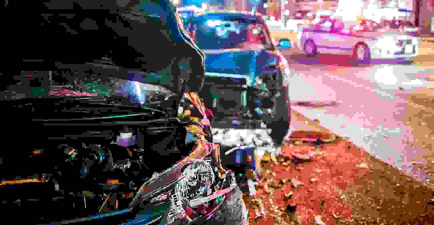 The damaged front of a car.