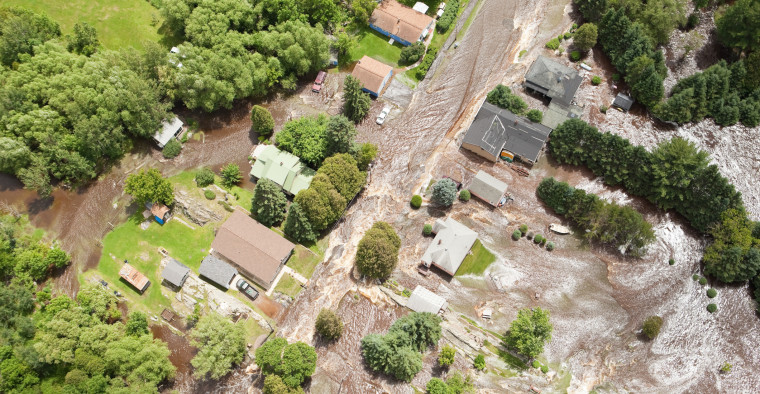 Aerial view of a flooded neighborhood
