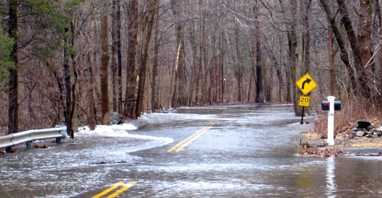A flooded road in the woods of Westport, CT