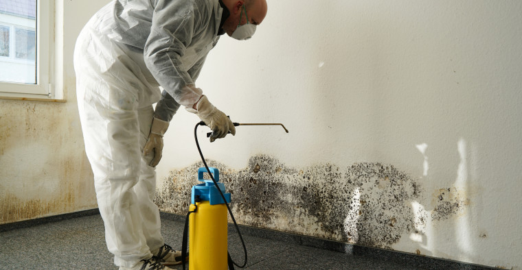 person spraying mold on walls