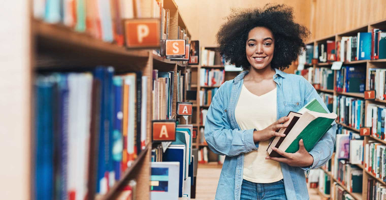 college student in library