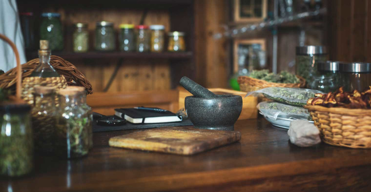 Herbal medicine on a store counter.