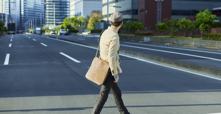 A pedestrian crosses a road.