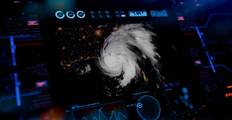Tropical storm in U.S. Satellite view of hurricane on digital lcd display